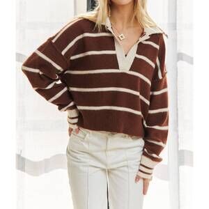 NEW ADORA stripe rugby collar sweater top in mocha